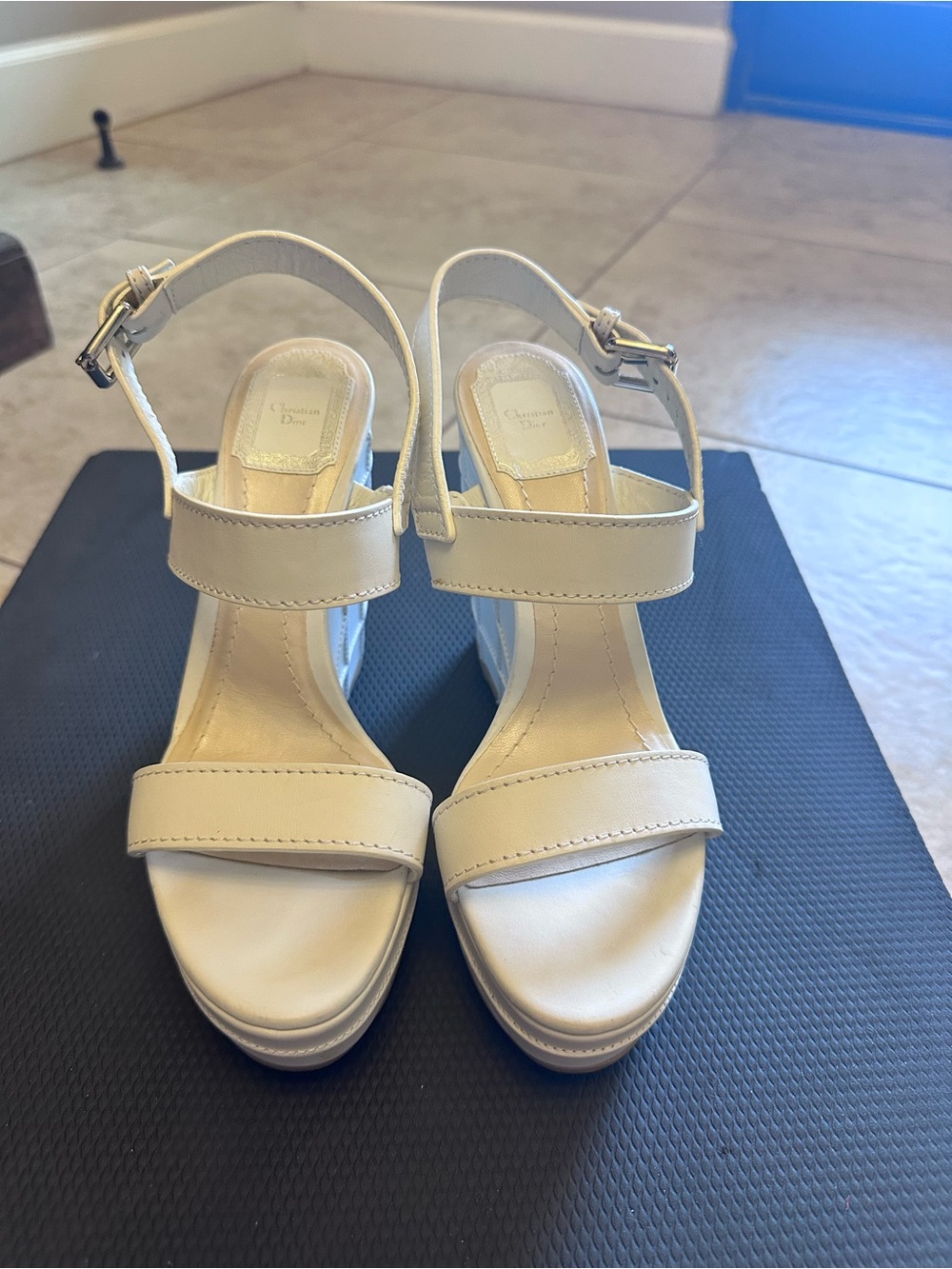 Dior White Leather Wedge Sandals with Ankle Strap Size 38.5